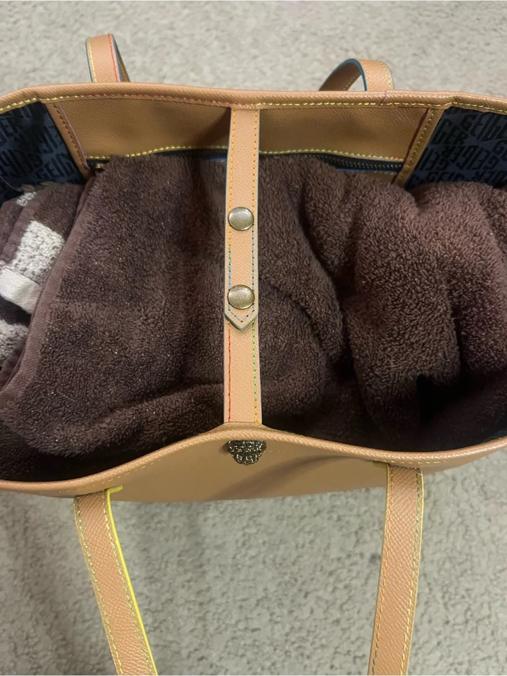 Kurt Geiger Tan Leather Tote with Gold Emblem 11”X17”